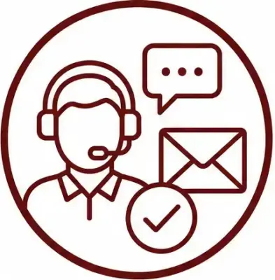 Customer support icon: a headset-wearing agent with a chat bubble, an envelope, and a check mark.