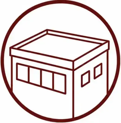 Isometric line drawing of a small store or storefront inside a circular badge, outlined in maroon.