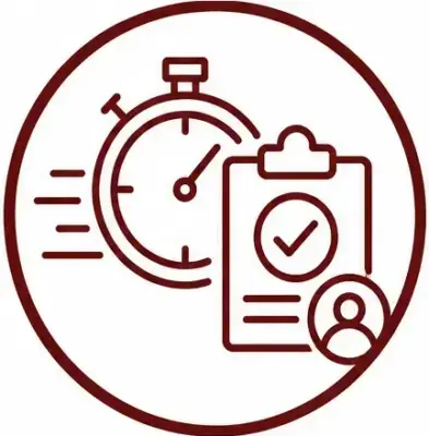 Stopwatch and clipboard with a checkmark and a user icon, inside a circle, conveying task timing and completion.