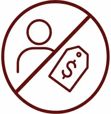 Icon of a person with a price tag crossed out, indicating no charges or no pricing.